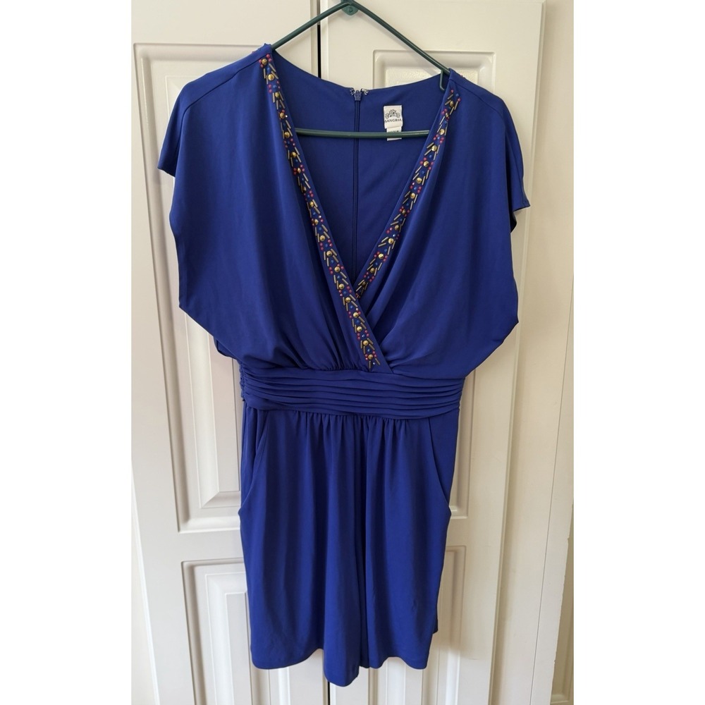 Sangria Blue Romper Size 4 Beaded Neck Boho Festival Draped Waist EUC Zip Back